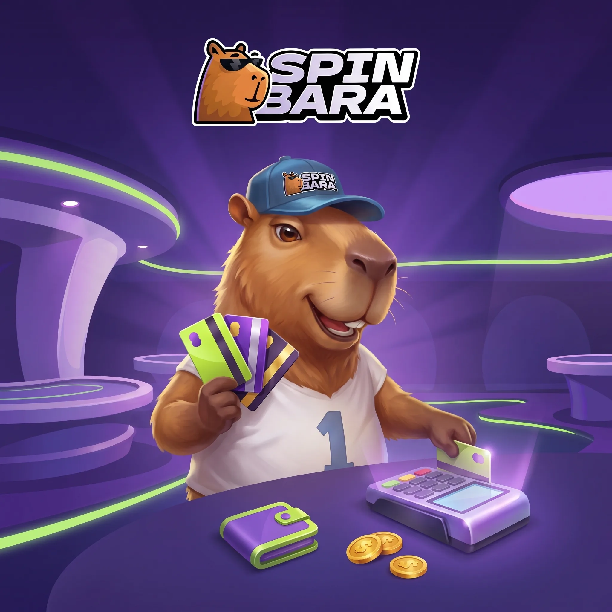 La mascotte Spinbara présente des cartes et un terminal de paiement